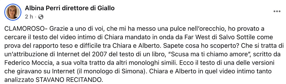 Nulla sfugge al vigile occhio dei netizen e della direttrice <a href="/SettGiallo/">Albina Perri direttore</a> Albina Perri! Il testo del video intimo di Chiara e Alberto mandato in onda da #FarWest con il chiaro intento di lasciar intendere che potesse essere alla base di un litigio tra i due, altro non era che un