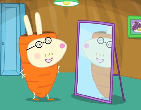 partypizza64's tweet photo. watching a recent peppa pig episode (Hobbies) with a good friend and came to a realization that fruit and vegetable people are the equivalent to furries/anthro mascots because its stated that Mr. Rabbit's hobby is dressing like a carrot and he went to a party as one. https://t.co/d7PmT2yETx