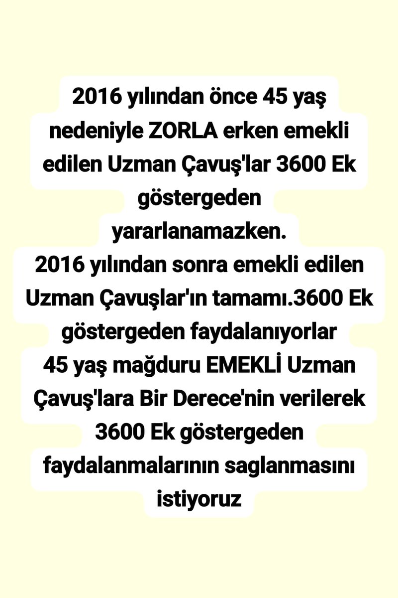 <a href="/TamerAc212211/">Tamer Aşcı</a> <a href="/ibrahim_0634/">İbrahim Akduman (1)</a> <a href="/slamGKSAL127401/">GÖKSAL</a> <a href="/Albayrak718007/">Albayrak</a> <a href="/akcaa158/">Ali -A-K-C-A-</a> <a href="/MuratNR3/">Murat ÖNÜR</a> <a href="/RTErdogan/">Recep Tayyip Erdoğan</a> <a href="/MHP_Bilgi/">MHP</a> <a href="/MhpTbmmGrubu/">MHP TBMM Grubu #MHP</a> <a href="/dbdevletbahceli/">Devlet Bahçeli</a> <a href="/yasaryldrmMHP/">Yaşar Yıldırım</a> <a href="/buyukataman/">İsmet Büyükataman</a> <a href="/erkanakcay45/">Erkan Akçay</a> <a href="/E_SemihYalcin/">E. Semih Yalçın</a> <a href="/sadirdurmaz/">Sadir Durmaz 🇹🇷</a> <a href="/UlviYonter/">Dr.İzzet Ulvi YÖNTER</a> <a href="/ismailozdemirrr/">İsmail ÖZDEMİR 🇹🇷</a> <a href="/muharremvarli01/">Muharrem VARLI</a> <a href="/AyseSibelErsoy/">Ayşe Sibel Ersoy🇹🇷</a> <a href="/MehmetTaytakMHP/">Mehmet Taytak</a> <a href="/MevltKarakaya25/">Mevlüt Karakaya</a> <a href="/TEMUD_2024/">Türkiye Emekli Uzman Erbaşlar Derneği (TEMUD)</a> <a href="/alitilkici38/">Ali Tilkici 🇹🇷</a> <a href="/55erhanusta/">Dr. Erhan Usta</a> <a href="/ahmetyarici31/">Ahmet YARICI</a> <a href="/alimahir/">Ali Mahir Başarır</a> <a href="/av_gundogan/">Av. Ali Erdem GÜNDOĞAN</a> <a href="/bbpgenelmerkez/">BÜYÜK BİRLİK PARTİSİ</a> <a href="/burhanduran/">Burhanettin Duran</a> <a href="/cemacikgozz/">Cem Açıkgöz</a> <a href="/cemkucuk55/">Cem Küçük</a> <a href="/tcsavunma/">T.C. Millî Savunma Bakanlığı</a> <a href="/tcbestepe/">T.C. Cumhurbaşkanlığı</a> <a href="/TC_icisleri/">T.C. İçişleri Bakanlığı</a> <a href="/_cevdetyilmaz/">Cevdet Yılmaz</a> <a href="/TBMMGenelKurulu/">TBMM Genel Kurulu</a> <a href="/Akparti/">AK Parti</a> <a href="/nacibostanci/">M. Naci Bostancı</a> <a href="/akbasogluemin/">Av. M.Emin AKBAŞOĞLU 🇹🇷</a> <a href="/AliYerlikaya/">Ali Yerlikaya</a> <a href="/mustafaelitas/">Mustafa Elitaş</a> <a href="/memetsimsek/">Mehmet Simsek</a> "İŞTE SİZİN ADALETİNİZ"
Emekli bir statüye değişik isimlerle 6 tazminat verirken
Diğer bir emekli statüye 3600 ek gösterge verebilmek için derece iyileştirmesi yaptınız,oda yetmedi 2022 yılında 1 kademe verdiniz #UzmanÇavuş'a gelince
#BirDerece'yi
#KADRO'yu çok görüyorsunuz.