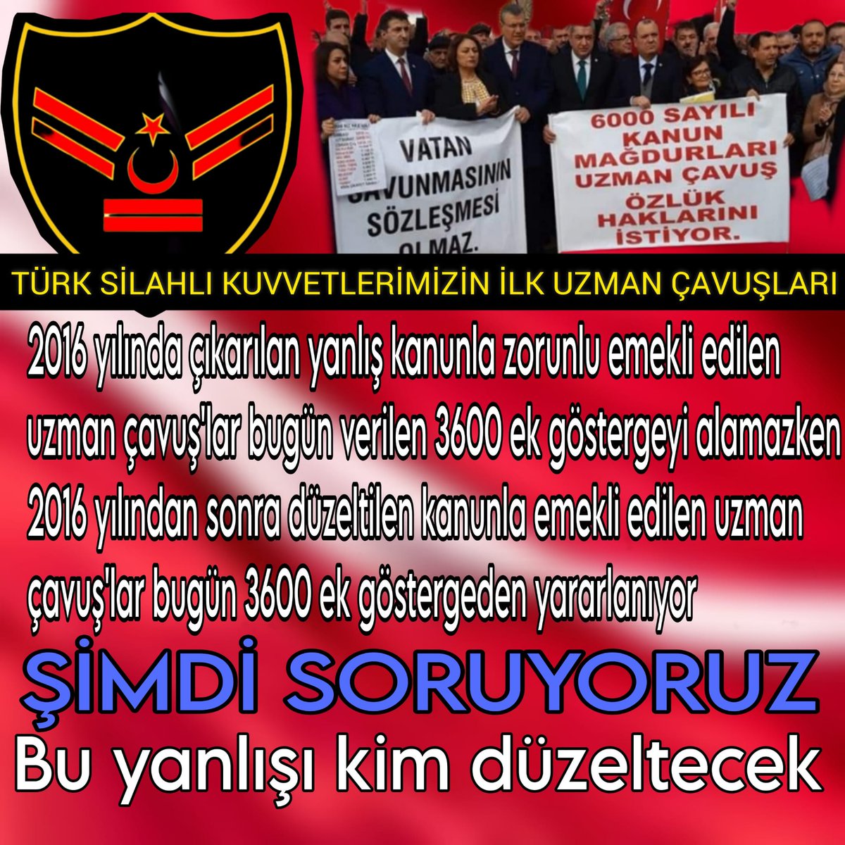 <a href="/TamerAc212211/">Tamer Aşcı</a> <a href="/ibrahim_0634/">İbrahim Akduman (1)</a> <a href="/slamGKSAL127401/">GÖKSAL</a> <a href="/Albayrak718007/">Albayrak</a> <a href="/akcaa158/">Ali -A-K-C-A-</a> <a href="/MuratNR3/">Murat ÖNÜR</a> <a href="/RTErdogan/">Recep Tayyip Erdoğan</a> <a href="/MHP_Bilgi/">MHP</a> <a href="/MhpTbmmGrubu/">MHP TBMM Grubu #MHP</a> <a href="/dbdevletbahceli/">Devlet Bahçeli</a> <a href="/yasaryldrmMHP/">Yaşar Yıldırım</a> <a href="/buyukataman/">İsmet Büyükataman</a> <a href="/erkanakcay45/">Erkan Akçay</a> <a href="/E_SemihYalcin/">E. Semih Yalçın</a> <a href="/sadirdurmaz/">Sadir Durmaz 🇹🇷</a> <a href="/UlviYonter/">Dr.İzzet Ulvi YÖNTER</a> <a href="/ismailozdemirrr/">İsmail ÖZDEMİR 🇹🇷</a> <a href="/muharremvarli01/">Muharrem VARLI</a> <a href="/AyseSibelErsoy/">Ayşe Sibel Ersoy🇹🇷</a> <a href="/MehmetTaytakMHP/">Mehmet Taytak</a> <a href="/MevltKarakaya25/">Mevlüt Karakaya</a> <a href="/TEMUD_2024/">Türkiye Emekli Uzman Erbaşlar Derneği (TEMUD)</a> <a href="/alitilkici38/">Ali Tilkici 🇹🇷</a> <a href="/55erhanusta/">Dr. Erhan Usta</a> <a href="/ahmetyarici31/">Ahmet YARICI</a> <a href="/alimahir/">Ali Mahir Başarır</a> <a href="/av_gundogan/">Av. Ali Erdem GÜNDOĞAN</a> <a href="/bbpgenelmerkez/">BÜYÜK BİRLİK PARTİSİ</a> <a href="/burhanduran/">Burhanettin Duran</a> <a href="/cemacikgozz/">Cem Açıkgöz</a> <a href="/cemkucuk55/">Cem Küçük</a> <a href="/tcsavunma/">T.C. Millî Savunma Bakanlığı</a> <a href="/tcbestepe/">T.C. Cumhurbaşkanlığı</a> <a href="/TC_icisleri/">T.C. İçişleri Bakanlığı</a> <a href="/_cevdetyilmaz/">Cevdet Yılmaz</a> <a href="/TBMMGenelKurulu/">TBMM Genel Kurulu</a> <a href="/Akparti/">AK Parti</a> <a href="/nacibostanci/">M. Naci Bostancı</a> <a href="/akbasogluemin/">Av. M.Emin AKBAŞOĞLU 🇹🇷</a> <a href="/AliYerlikaya/">Ali Yerlikaya</a> <a href="/mustafaelitas/">Mustafa Elitaş</a> <a href="/memetsimsek/">Mehmet Simsek</a> "İŞTE SİZİN ADALETİNİZ"
Emekli bir statüye değişik isimlerle 6 tazminat verirken
Diğer bir emekli statüye 3600 ek gösterge verebilmek için derece iyileştirmesi yaptınız,oda yetmedi 2022 yılında 1 kademe verdiniz #UzmanÇavuş'a gelince
#BirDerece'yi
#KADRO'yu çok görüyorsunuz.