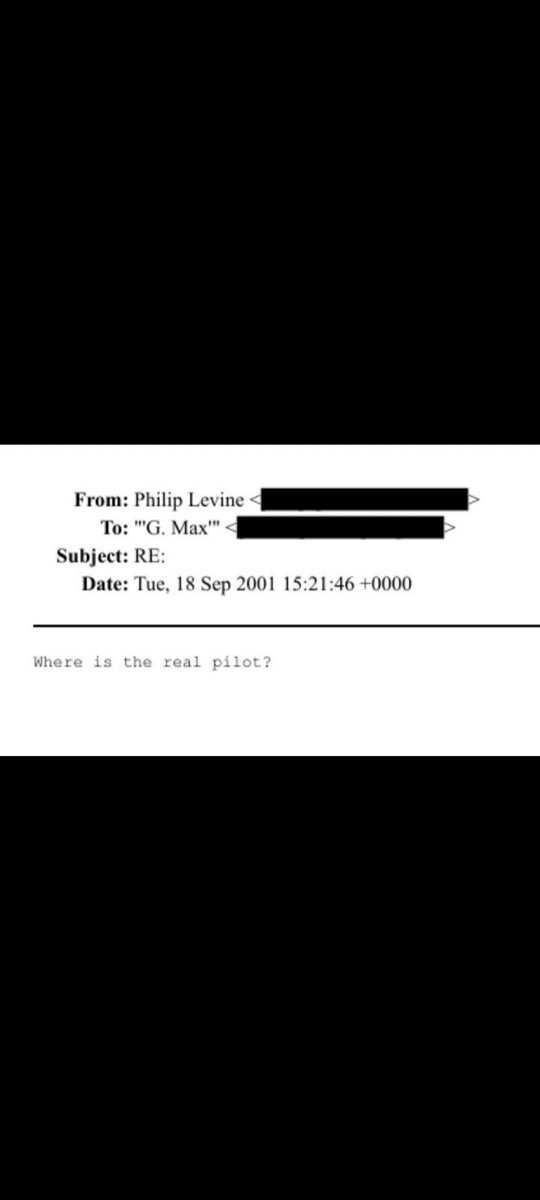 StateInterestHQ's tweet image. The Epstein files show that an email dated one week after the 9/11 attacks includes the line: 

“Where is the real pilot?”