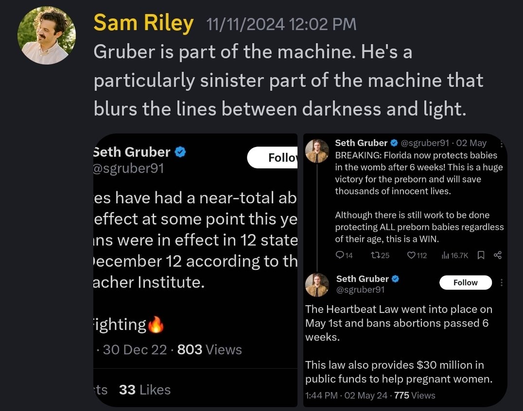 <a href="/JasonStormsFSSE/">Jason Storms</a> <a href="/LizzieMarbach/">Lizzie Marbach</a> <a href="/sgruber91/">Seth Gruber</a> I have not made a practice of responding to you because you are a liar. True to form you chopped off the context. This was from 2024, and Seth was loudly telling people that abortion had been banned in 16 states.

I refer anyone else to this concerning you
youtu.be/Cyf_Gi4ZiMg?si…