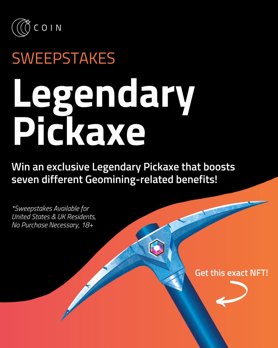 coin_with_us's tweet photo. 🎉 Ready to own one of the most powerful Pickaxes in COIN history?

This Legendary Pickaxe enhances eight different features, here’s what you can look forward to:

⚡️+10% Team Lift Rewards
⚡️+10% Big Geomine Luck
⚡️+10% Tile Clearing Ease
⚡️+9% Geomining Rewards
⚡️+9.5% Home Base Rewards
⚡️+10% Big Geomine Witness Rewards
⚡️+10% Geomining Speed Boost
⚡️1MM Geomine Charge

With these perks, you'll dominate the map and become a COIN legend.

🚨 Deadline: March 31st 2026, 8:59:59 pm PT.
 
🏆 Take Action: Grab your entries today for your chance to win! And don’t forget—you can save up to 75% with bulk entry discounts. The more you enter, the better your chances!

🔗 Enter to Win - https://t.co/mqcMypbtWB