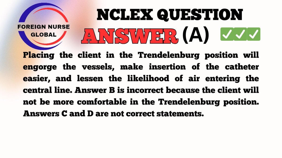 NCLEX QUESTION ANSWER.....
KUDOS TO THOSE THAT GOT IT RIGHT.....
KEEP PRACTICING IF YOU DIDN'T GET IT RIGHT.....
 #FNG #foreignnurseglobal #nclexreview #nclexstudying #nclexsurepass #nclexmadeeasy #nclexpass #NCLEX #NCLEX_RN #nclexprep #nclextips #USRN #nclexpreparation