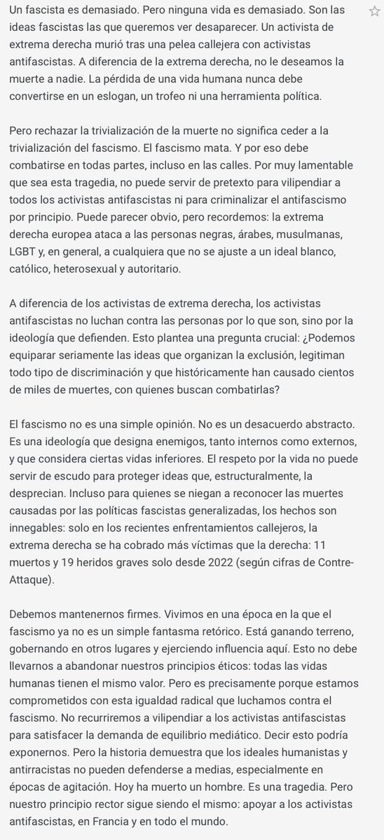 Esta reflexión sobre el fascista herido de gravedad en Lyon tras tratar de boicotear una conferencia por Palestina. 👇