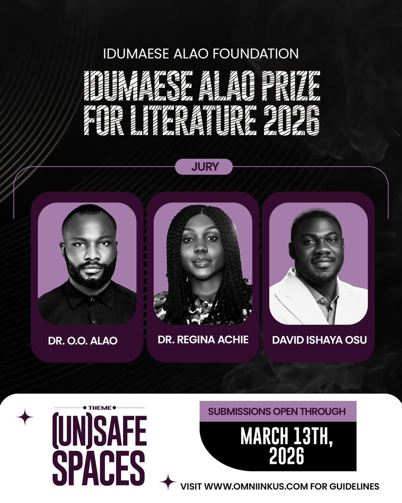 omniinkus's tweet photo. Idumaese Alao Foundation (IAF) is hereby calling for entries for the Idumaese Alao Prize for Literature 2026. 

Visit https://t.co/bR179D5Su5 for submission guidelines. https://t.co/7g2gtNv808