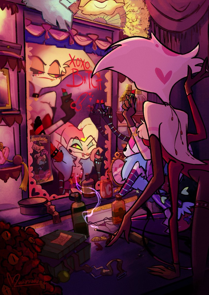 A little burlesque never hurt nobody…except Asmodeus and Husk, but they’ll survive! Happy Valentines dolls❤️
#HazbinHotel #HellubaBoss #FizzaRolli #angeldust #ValentinesDay 
.
.
(I need these two to interact SOMETIME pls)