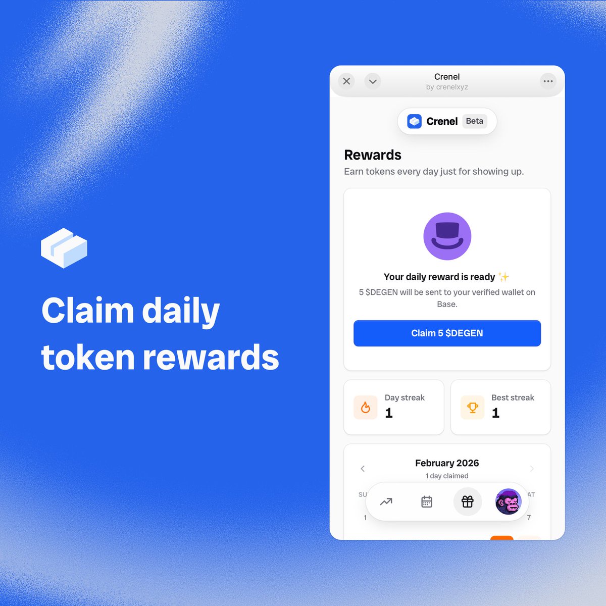 NEW - Daily rewards are now available, starting with $DEGEN! 🎩

Start claiming rewards in the next post 👇