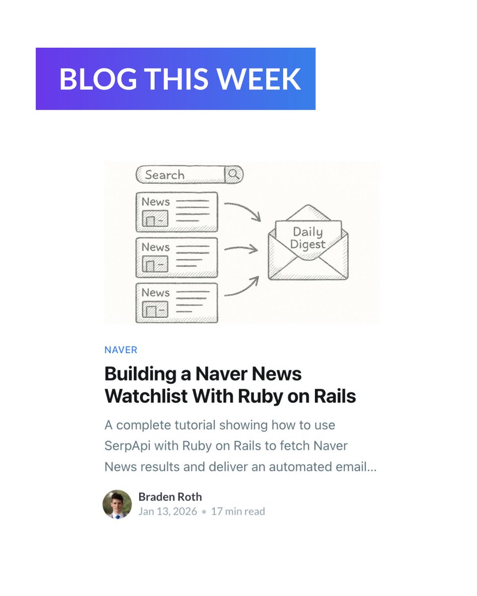 serp_api's tweet photo. Weโve been working on something new! ๐ง
Check out our latest blog post to see how you can use SerpApi to build a Naver News watchlist using Ruby on Rails.
Read more ๐ https://t.co/fD3fcCp6Nj
#SerpApi #SearchEngine #Scraping #Serp #SearchEngineScraping #APIs https://t.co/O6odbWpkC5