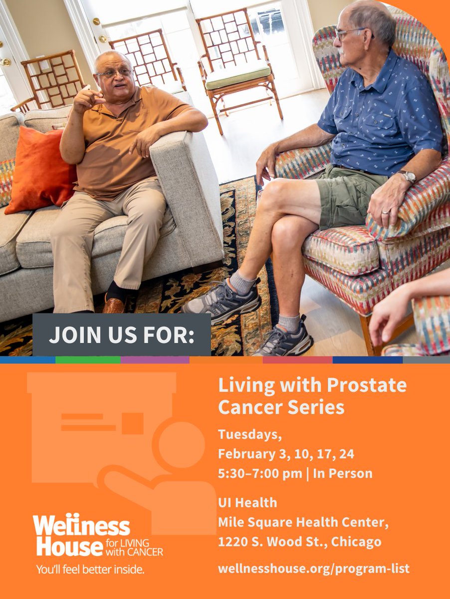 WellnessHouse's tweet photo. Tuesdays, February 3, 10, 17, 24, 5:30 - 7 pm, In Person @ Mile Square Health Center. Learn tools to improve wellbeing and connect with others during and after prostate cancer.
#WellnessHouse #FreeCancerSupport #ProstateCancer #WellnessBeyondWalls #PartnerPrograms https://t.co/GqhTNqTYQl
