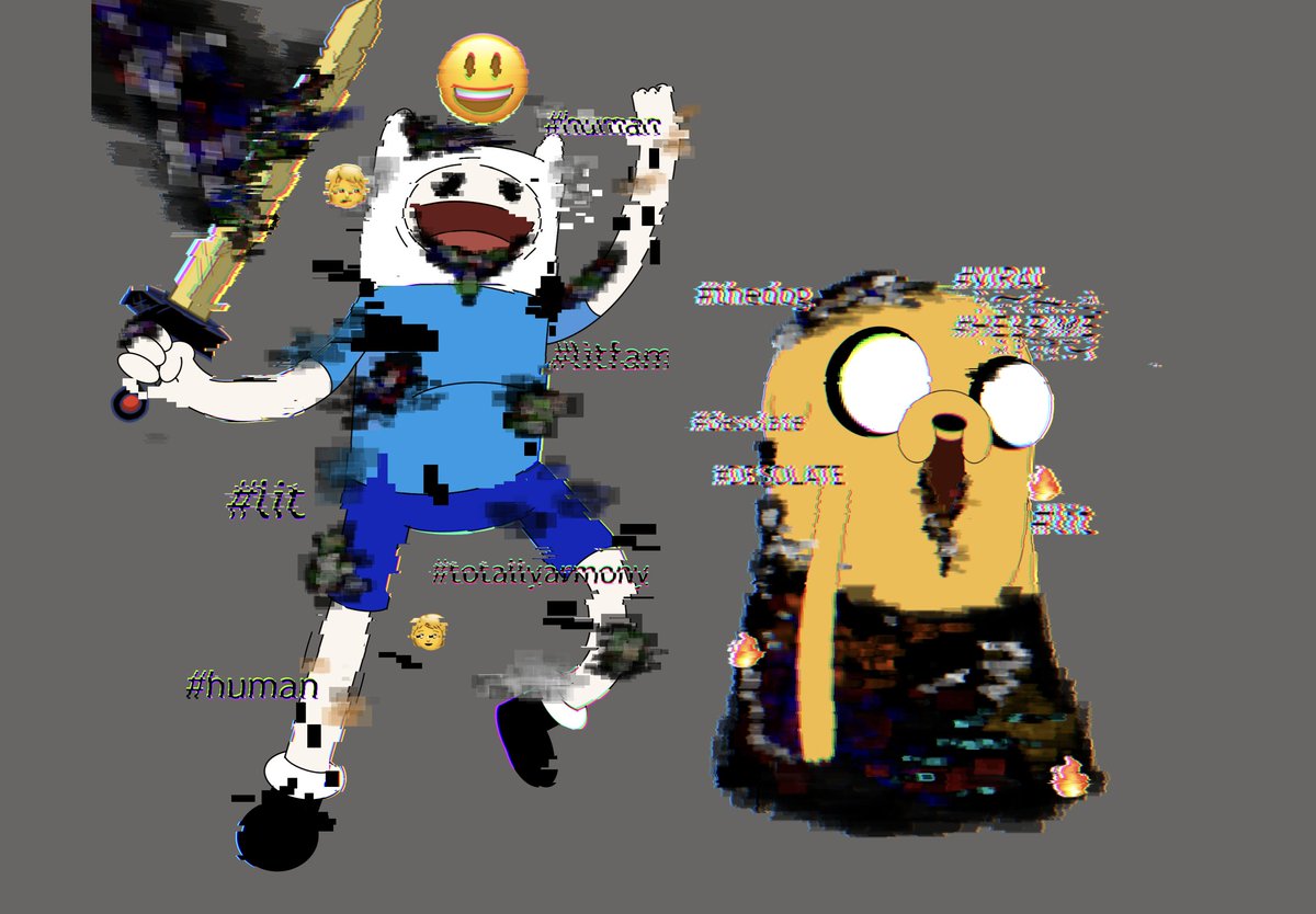 The two heroes that were once filled with adventurous and joy but now are filled with darkness and ETERNAL HAPPINESS??? Here’s an art piece of Finn and Jake from <a href="/NoTimeForFunkin/">No Time For Funkin' (PILOT:90%)</a>. hope you like #finnandjake #pibbyglitch #pibbyfnf
