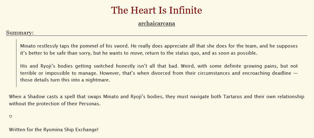 archaicarcana's tweet photo. #ryomina #ryominaexchange2026
"The Heart Is Infinite"
>7.4k words
>bodyswap
>SEES!mochizuki ryoji au

surprise! i’m happy to finally reveal my gift for @NixYukii, i sincerely hope you enjoy reading <3
🔗: https://t.co/eDxvpf0rjP https://t.co/uHyHXiKiZc