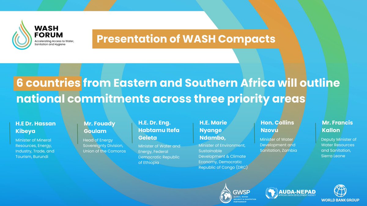 NEPAD_Agency's tweet photo. Building on today’s momentum, Ministers of Water from across Africa will convene tomorrow for the #WASHForum Ministerial Roundtable.
Ministers from Burundi, Comoros, DRC, Ethiopia, Sierra Leone, and Zambia will present their WASH Compacts — setting 2035 targets for universal access, mobilising public & private financing, and strengthening governance.