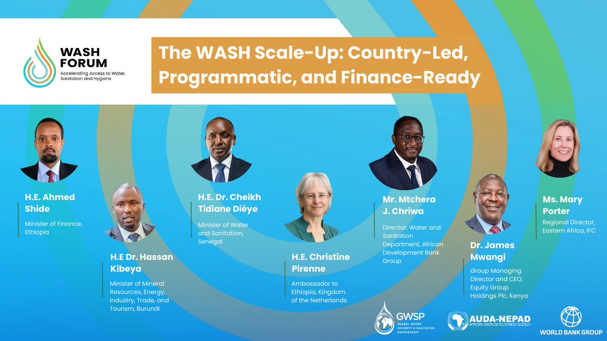 NEPAD_Agency's tweet photo. Building on today’s momentum, Ministers of Water from across Africa will convene tomorrow for the #WASHForum Ministerial Roundtable.
Ministers from Burundi, Comoros, DRC, Ethiopia, Sierra Leone, and Zambia will present their WASH Compacts — setting 2035 targets for universal access, mobilising public & private financing, and strengthening governance.