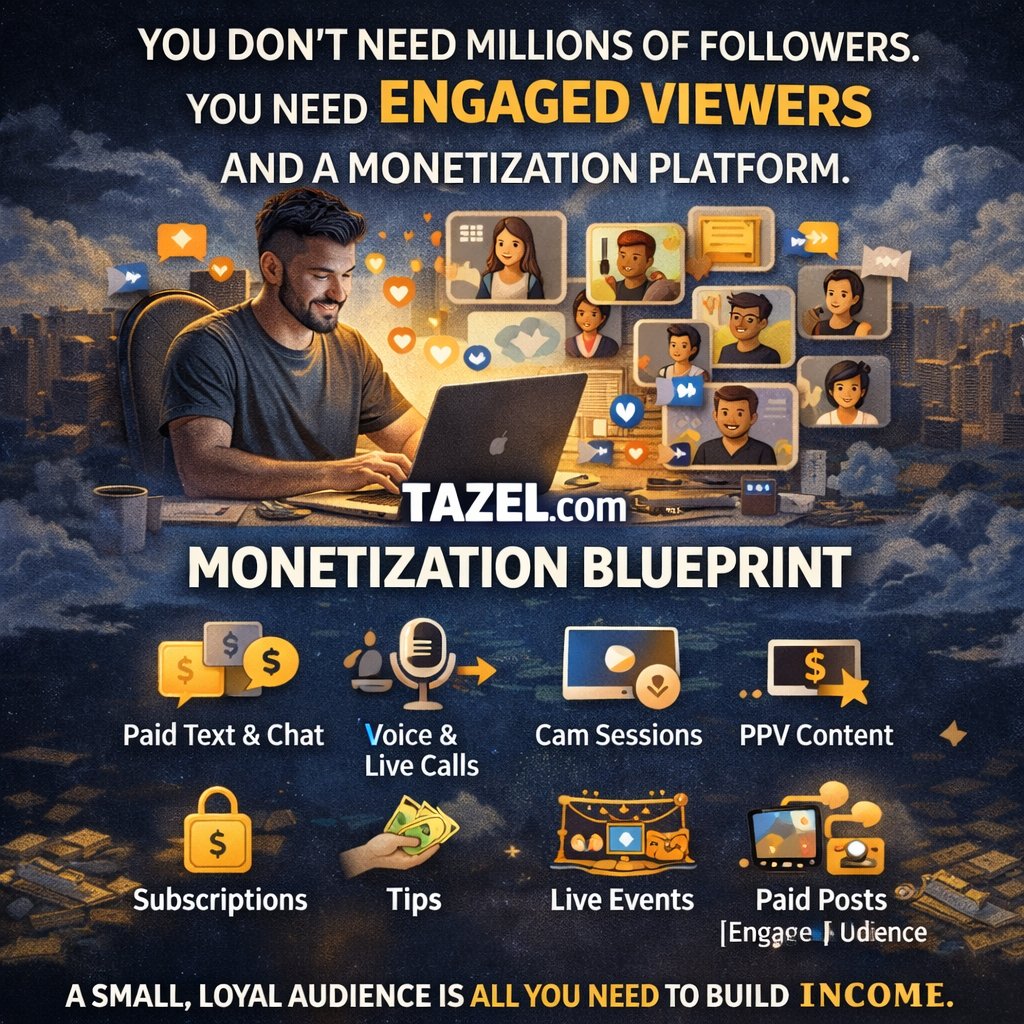 Tazel_com's tweet image. You don’t need millions of followers.
You need engaged viewers and a monetization platform.
Viral is vanity.
Revenue is reality.

On Tazel.com, the Monetization Blueprint is simple:
Revenue Streams:
💬 Paid Text &amp;amp; Chat
🎙️ Voice &amp;amp; Live Calls
📹 Cam Sessions
🎟️ PPV