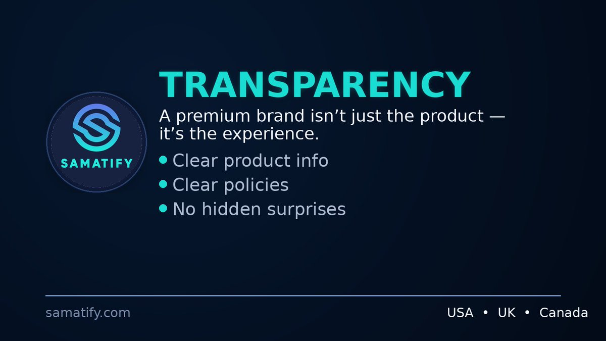 samatify's tweet image. A premium brand isn’t just the product — it’s the experience.

Clear product info. Clear policies.
No hidden surprises.

That’s part of the SAMATIFY Standard.

#SAMATIFY #CustomerExperience #Ecommerce