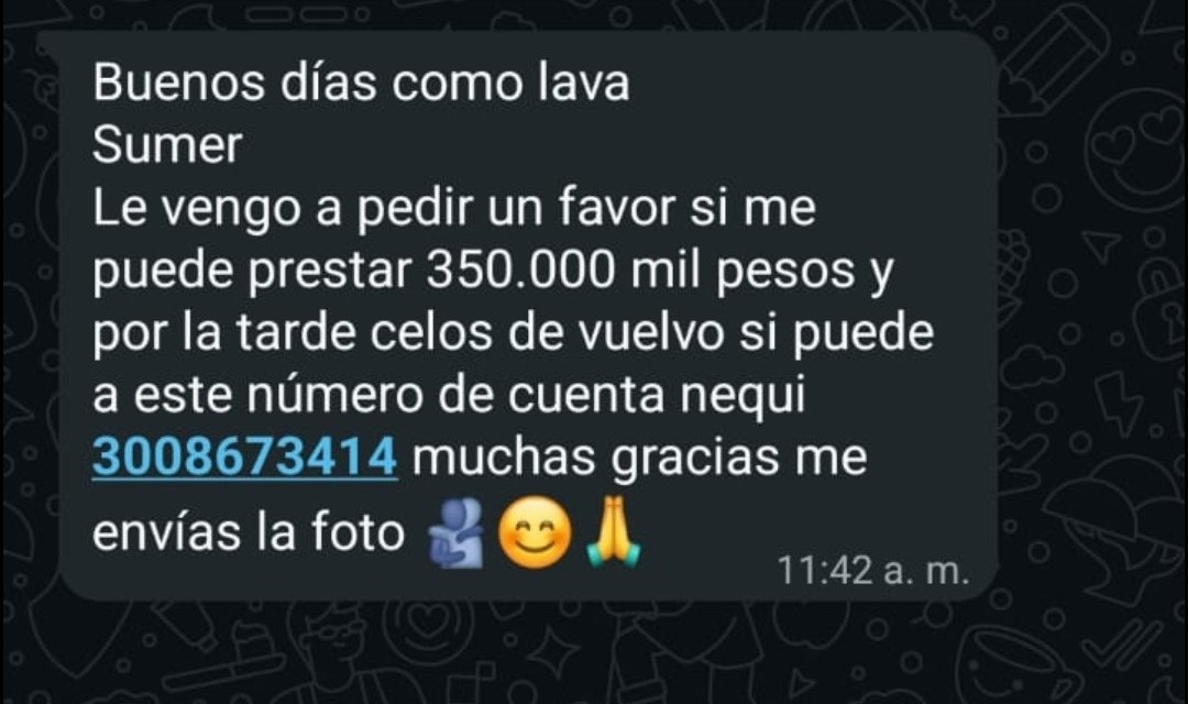 BibianaCardozo's tweet photo. @BAVARIA_OFICIAL, están llamando a sus clientes, haciéndose pasar por ustedes y robándoles las cuentas de WhatsApp, después envían a todos los contactos mensajes, pidiendo plata que les consignen en nequi, le paso a mi mamá hoy, este es el mensaje que envian
@Nequi, @WhatsApp https://t.co/3Ib5c3kC2x