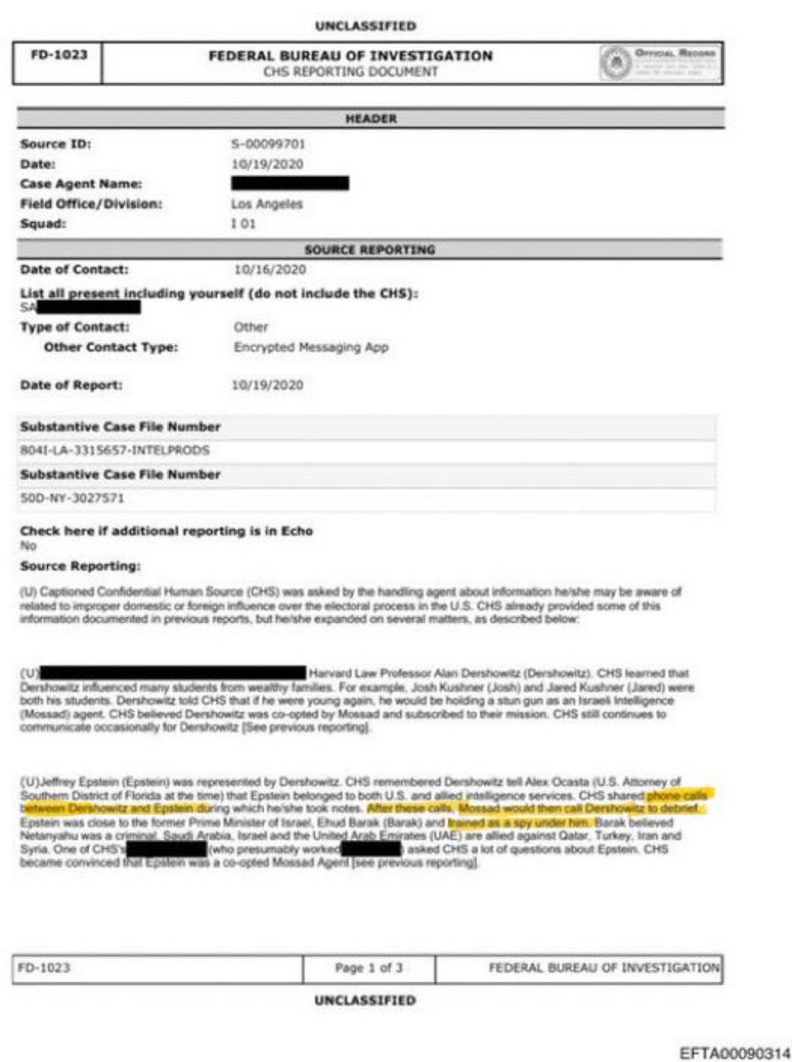 “The Mossad would call Dershowitz to debrief on his discussions with Jeff Epstein…”

Zero shock here!! 
but hey, Epstein hated Israel