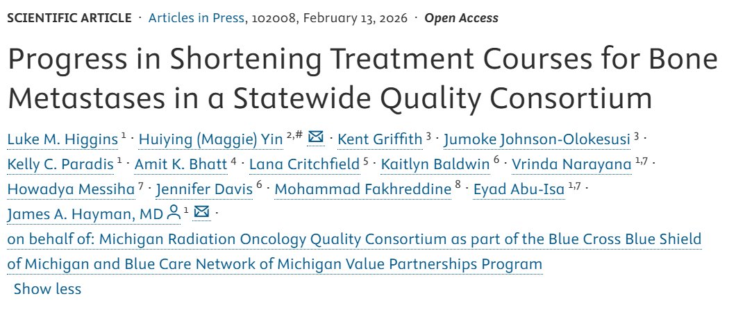 Advances_ASTRO's tweet photo. How do state-wide quality measures impact #radonc fractionation selection for 🦴 metastases?

Within the Michigan Radiation Oncology Quality Consortium, quality measures were implemented in 2020 and 2022 to promote use of single fx (SFRT) and <=5 fx treatments for pts w/ 🦴 mets. From 2018-2024, 3247 pts in 29 centers were treated w/ 4382 (non-SBRT)☢️ plans:
🔘Use of SFRT 🔼 from 17.8% ➡️ 38.8%
🔘Use of <=5 fx tx 🔼 from 44.2%  ➡️ 63.9%
🔘Use of shorter regimens was assoc w/ later yr of tx, 🔼 distance to tx facility, 🔼 baseline fatigue, 🔽 yr of physician practice 

🔗 - https://t.co/17CsQ5pjYP
@ASTRO_org @LukeMHiggins @UMichRadOnc