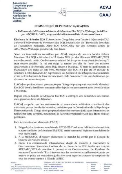 acprdcongo's tweet photo. #RDC: L'Association congolaise pour l'accès à la justice (#Acaj) a dénoncé samedi l’enlèvement d’Eloi Boji, frère d’Aimé Boji, depuis le 13 février à #Walungu, territoire du #Sud_Kivu, dans l’est de la République démocratique du Congo (#RDC), par des éléments de la coalition #M23-#AFC, selon un communiqué.

« Acaj dénonce l’enlèvement et la détention arbitraire de M. Eloi Boji, cousin du président de l’Assemblée nationale, par la coalition armée du M23-AFC et exige sa libération sans condition », a-t-on lu.

Découvrez d'autres informations sur notre site web https://t.co/OYH5BTaF71