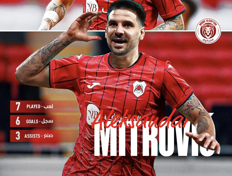 أرقام ميتروفيتش مع الريان هذا الموسم 🇷🇸 🔥
لولا الاصابة ولا كان شفنا أرقام خورافية ولكن موعودين بأرقام مذهلة كعادة ميترو😍🤌🏻
• شارك في 7 مباريات
• سجل 6 اهداف 
• صنع 3 هدف
• ساهم في 9 اهداف