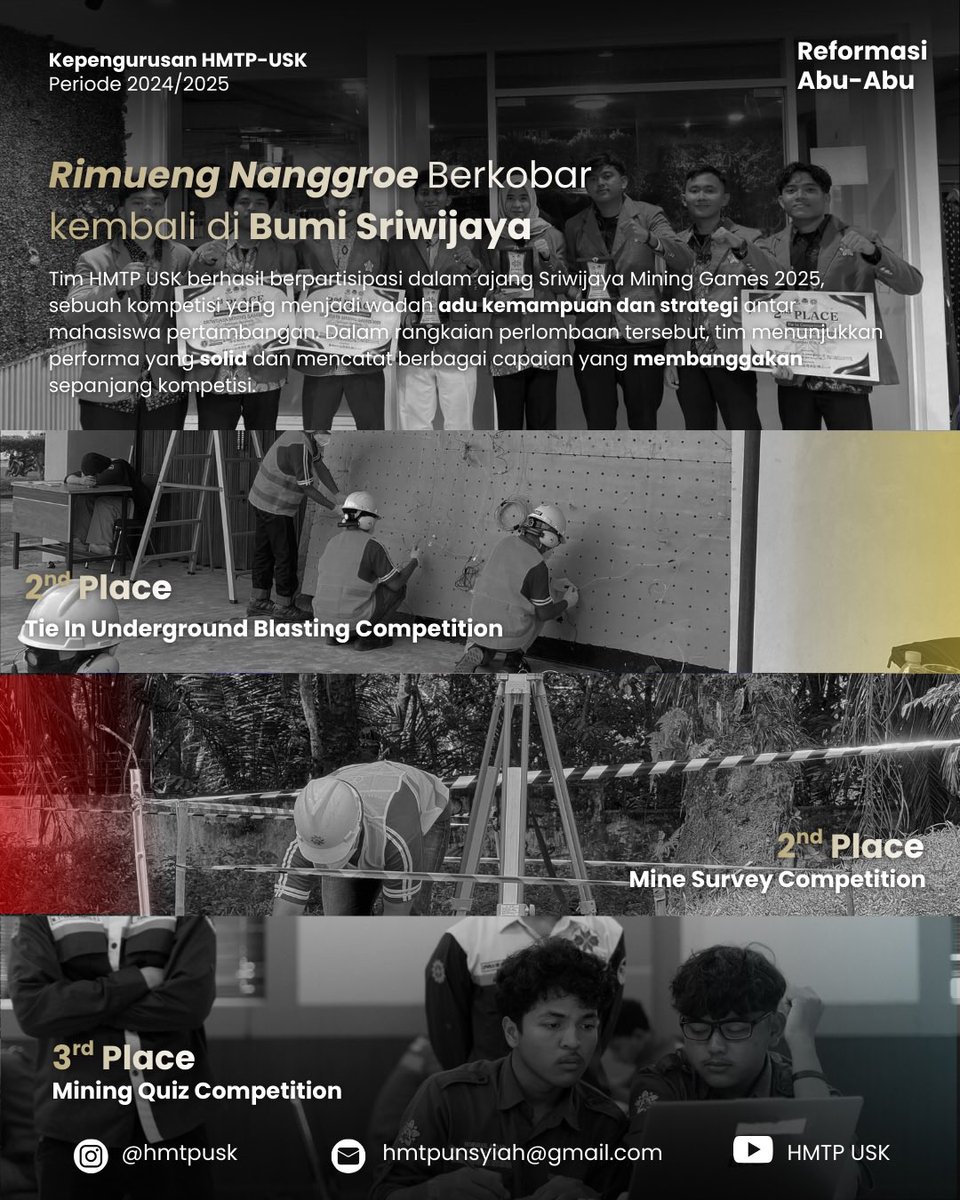 hmtpusk's tweet photo. Berangkat dari Tanah Rencong, pulang membawa kebanggaan. 🏆

Tim Rimueng Nanggroe kembali membuktikan kapasitasnya di Sriwijaya Mining Games 2025. Dengan kerja keras, fokus, dan kekompakan, tim berhasil meraih: https://t.co/syoVsA9SKG