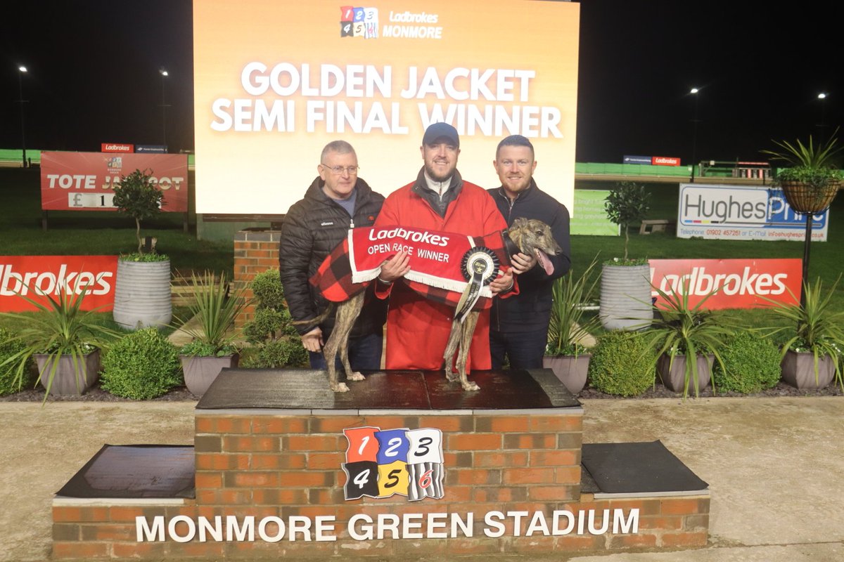 MonmoreRacing's tweet photo. Winner of Race Eight Saturday 14th Feb 2026 - Ladbrokes Golden Jacket Semi Final Two (OR1) 🏆

Trap 3⃣ - Droopys Flare
Trainer - Sean Parker (Sheffield)
Owners - Mr S.R Parker, Mr J.D Stubbings
Time - 41.34secs ⏱️

T4 Vhagar also qualifies for final - well done all connections 👏 https://t.co/feB8md0p8X
