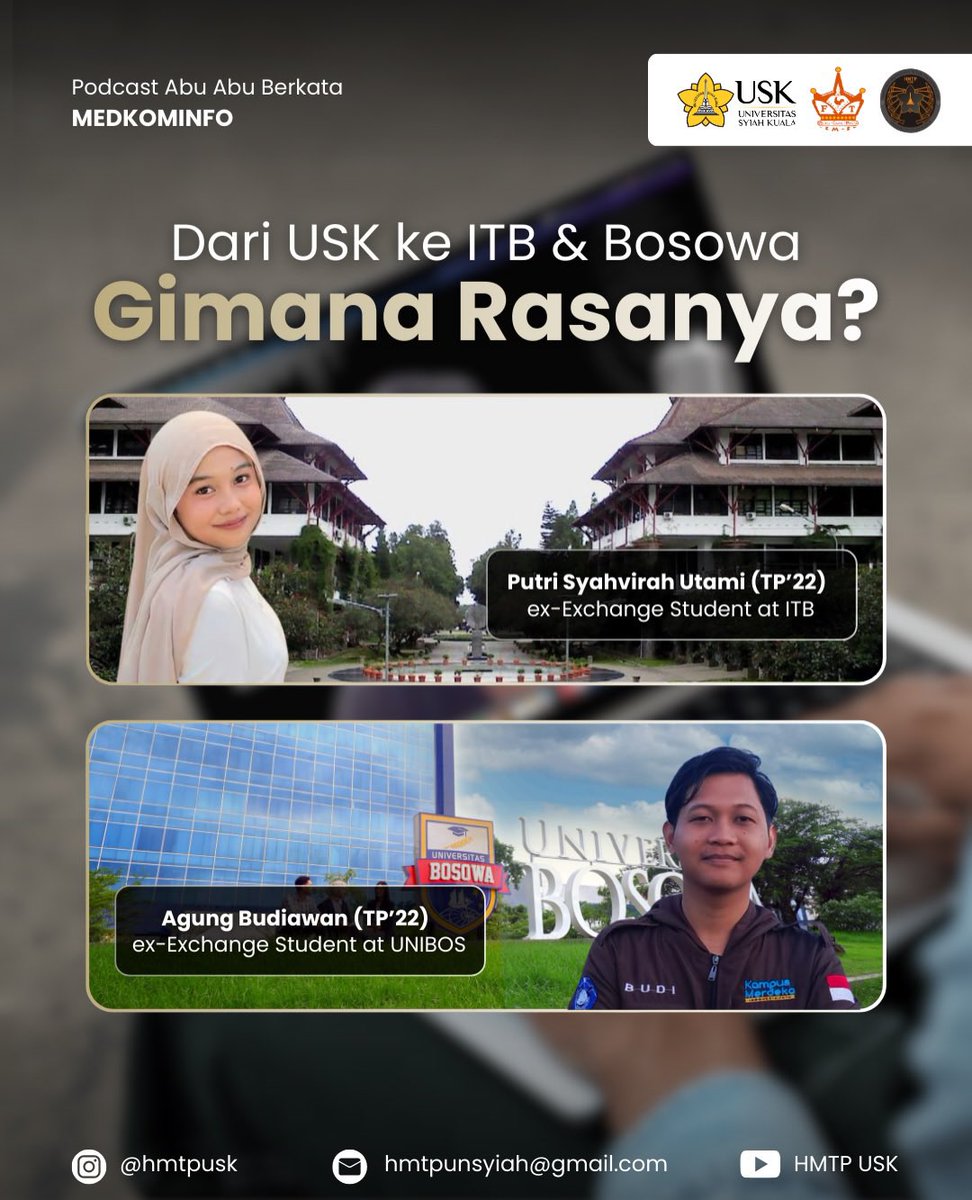 hmtpusk's tweet photo. Dari satu kampus, menuju pengalaman di dua dunia yang berbeda.
Dari USK ke ITB &amp; Bosowa—gimana rasanya? https://t.co/gCwCuw29qz