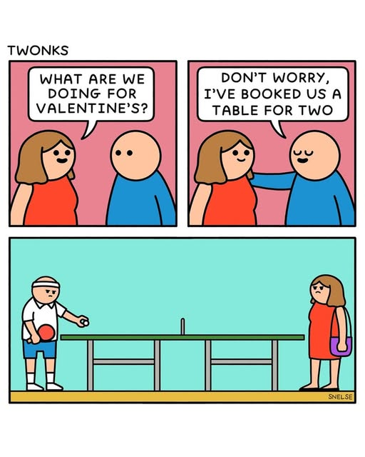 - ¿Y qué vamos a hacer por San Valentín?
- No te preocupes. Ya reservé una mesa para los dos
- 🤨