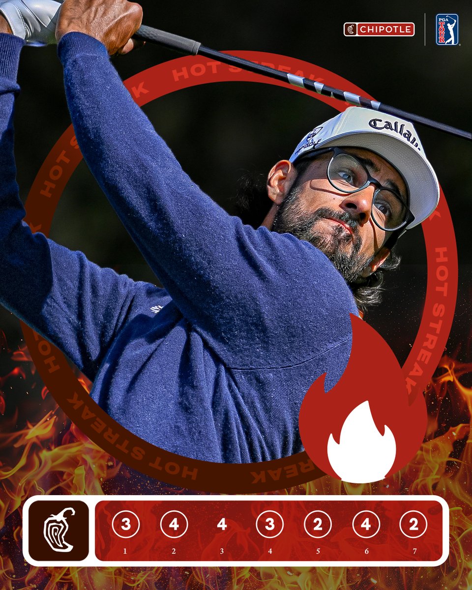 PGATour's tweet photo. SIX birdies in his first seven holes 🔥

Akshay Bhatia jumps out to a 5-shot lead on moving day @ATTProAm!

This one is a gimme. First 5,000 fans who text FAIR62718 to 888-222 get a BOGO entree @ChipotleTweets. https://t.co/Aw1cN59g3w