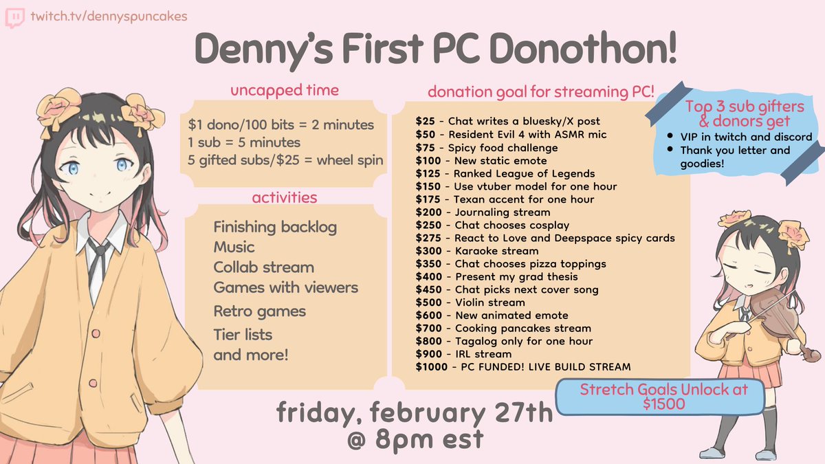 Dennyspuncakes's tweet photo. Since I'm graduating this spring and won't have the streaming laptop anymore, I'm having my FIRST DONOTHON TO RAISE MONEY FOR MY FIRST PC!!

See you all Feb 27th 8pm EST <3
(schedule will be announced soon) https://t.co/ZSVTOjQjRT