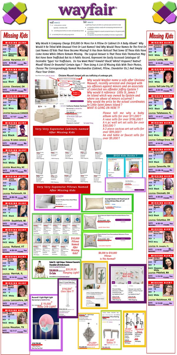 iluminatibot's tweet image. Wayfair furniture named after missing kids and sold for ridiculous amounts.

It was all true.

Here's also an email from Jeffrey Epstein’s assistant, who purchased a single, unlabeled item for $8,453 from Wayfair.