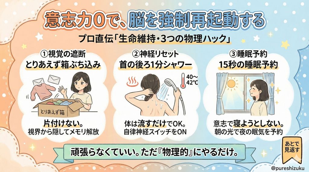 そのためにプロが教えてくれた、意志力0で脳を再起動する「生命維持・3つの物理ハック」。

①「とりあえず箱」ぶち込み法
片付けは不要。中身の見えない箱や袋に、視界のノイズ（服や郵便物）を全投入するだけ。「隠す」だけで脳のメモリが解放される。
②「首の後ろ1分」熱シャワー