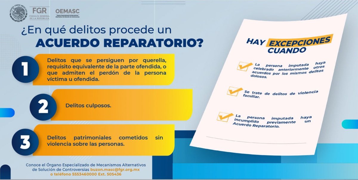 Conoce los tipos de delitos en los que procede un Acuerdo Reparatorio #MASC. #Infórmate fgr.org.mx/swb/FGR/OEMASC