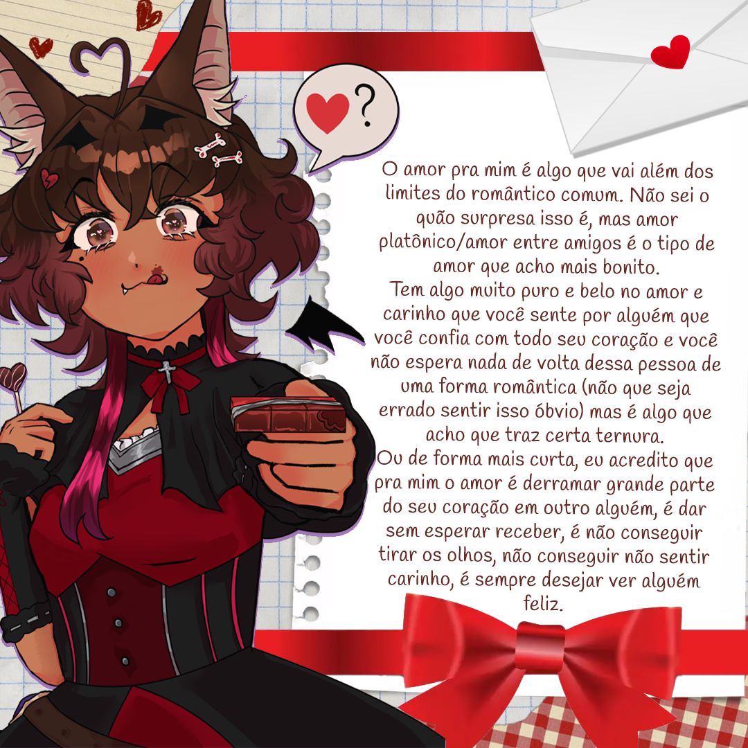 ⋆˙⟡ Boa noite luminos. Hoje comemora-se o dia mundial do amor, convenientemente em São Valentim. Disto isto, perguntamos a nossos aventureiros "O que é amor para você?" Espero que as respostas saciem a curiosidade de vocês e faça refletir.

₊ ⊹ . ݁ ⟡ ݁ . ⊹ ₊ ݁ 
-🧡