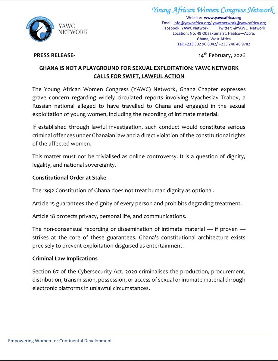 YAWCAfrica's tweet photo. GHANA IS NOT A PLAYGROUND FOR SEXUAL EXPLOITATION: YAWC NETWORK CALLS FOR SWIFT, LAWFUL ACTION https://t.co/tmDZbPvrvP