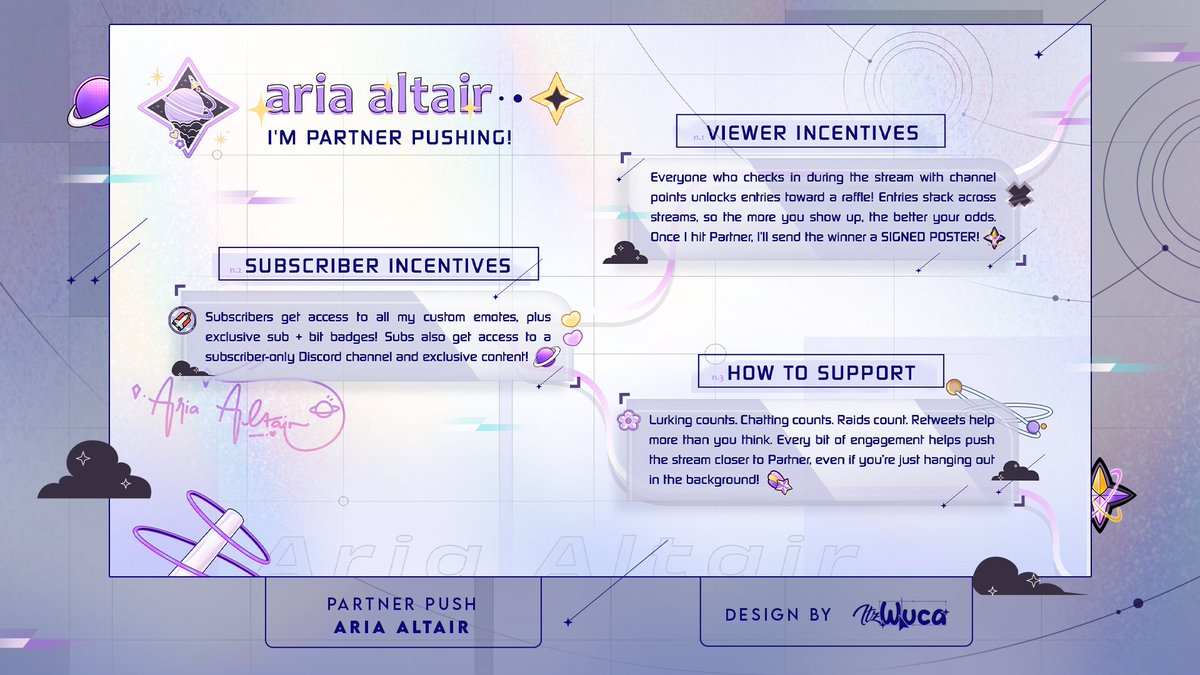 ⟡˖ Partner Push! ˖⟡
.
I made a custom graphics for <a href="/AriaAltairVT/">Aria Altair 🌌✨️</a> 🌌✨
This was a really nice project~
.
♥︎ + ↻ super appreciated!
#VGenComm | #wucaworks💙