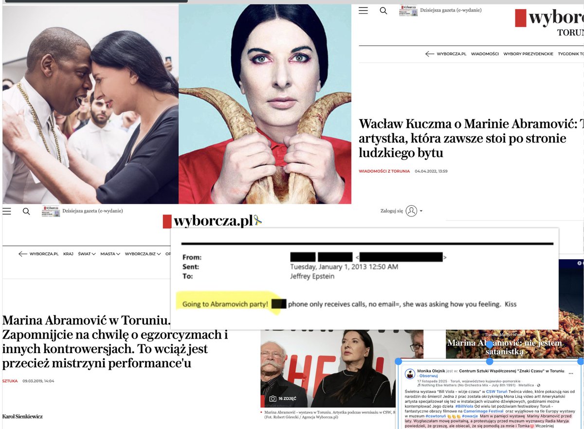 Postanowiałam trochę pomóc Żurkowi w pracach komisji #Epstine 👹. Wiecie kto w Polsce promował Mariną Abramowić, która występuje w e-mailach Epstina, szuka rekomendacji jego wpływowego kręgu i przesyła mu buziaki? 
🔴Gazeta Wyborcza zapewniała, że Marina to "artystka, która
