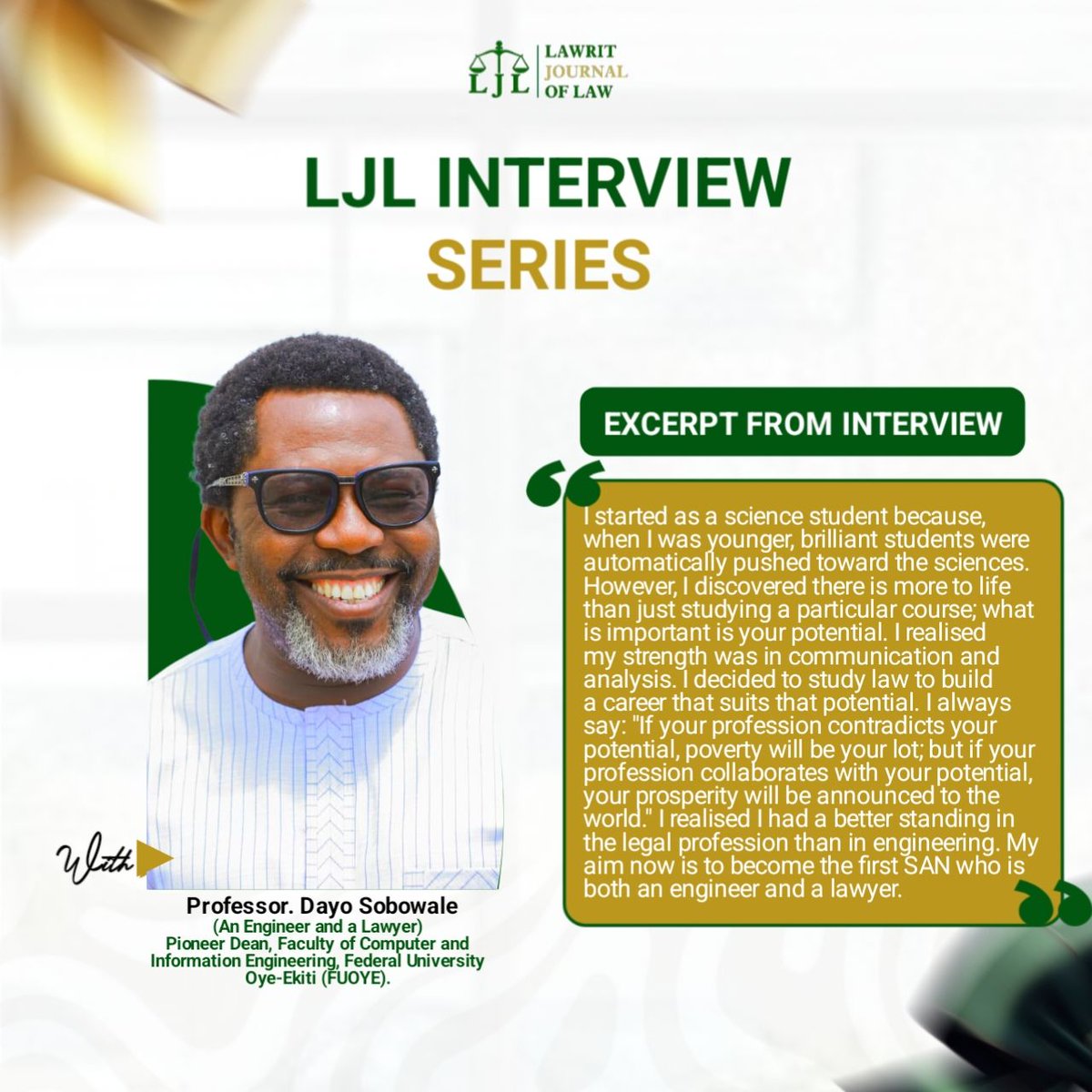 If your profession contradicts your potential, poverty will be your lot…”

Professor Dayo Sobowale reminds us that brilliance is not about the path others choose for you, but the one that aligns with your strength.

Read. Reflect. Reposition:
open.substack.com/pub/lawritjour…