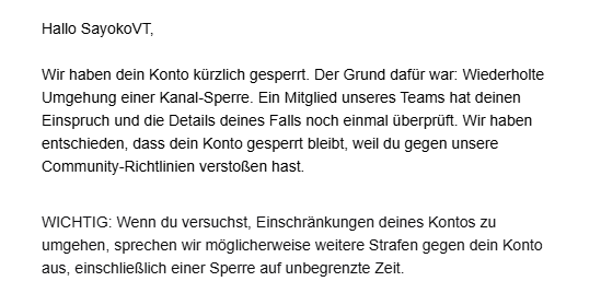 kann mit jemand der mit twitch in verbindung steht bitte helfen. <a href="/TwitchDE/">Twitch DE</a> <a href="/TwitchSupport/">Twitch Support</a> 

jemand in meinem haushalt wurde auf twitch gebannt aber weil ich auch unter der ip aufgeführt werde, wurde ich mitgebannt, und kann keinen weiteren einspruch erheben.

hilfe? 🐒
