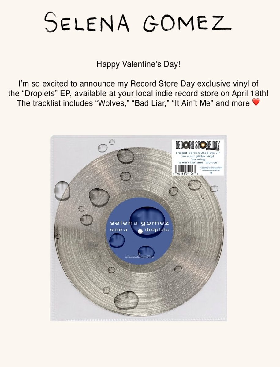 Selena Gomez shares collaboration vinyl for Valentine's Day. I'm