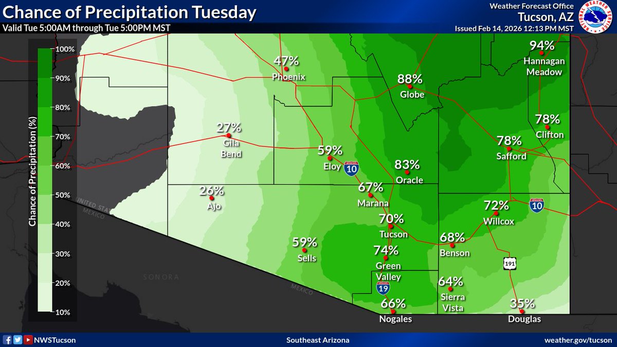 The next weather system is slated to impact SE AZ Mon night thru Tue. 

-Numerous valley rain &amp; mtn snow showers with cold front late Mon Night-Tue. Valley rain 0.05"-0.25".
- 1 to 3 inches of snow above 7500 ft. 
-Cooler temps Tue. 
-Breezy Mon &amp; Tue w/gusts 30-35 mph. #azwx