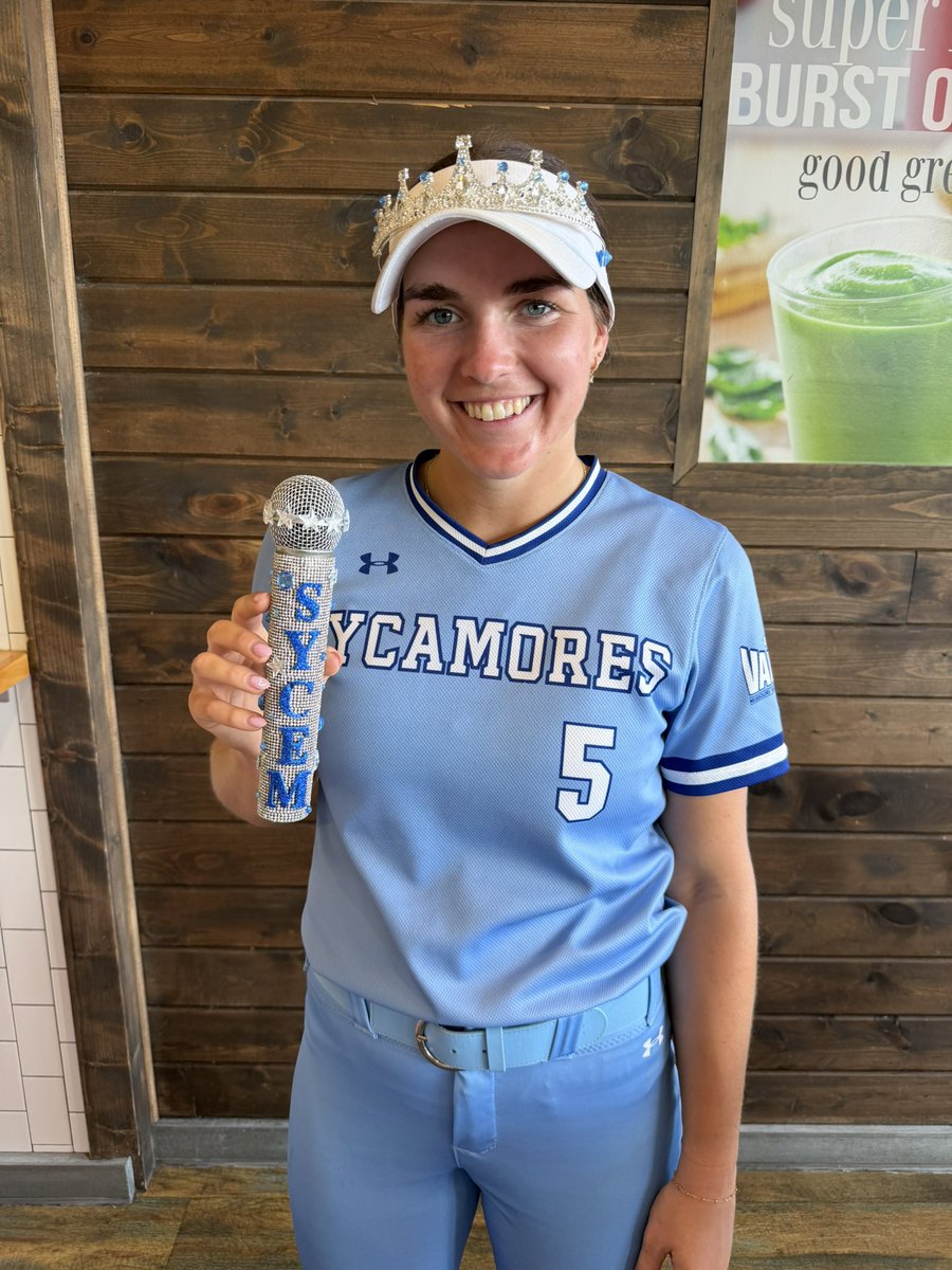 CoachWThees's tweet photo. 2-3 with 2 RBIs gets Izzy the crown and mic for today’s big win vs YALE. Proud Senior Sycamore right there 🌳💙👊🏼 https://t.co/vqdzG3k99B