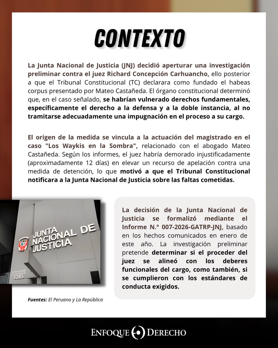 EnfoqueDerecho's tweet image. #JNJ ⚖️

¿Sabías que la Junta Nacional de Justicia aperturó una #investigación preliminar contra el juez #ConcepciónCarhuancho?

En el siguiente carrusel, #EnfoqueDerecho explica las implicancias de esta decisión.

¿Qué opinas sobre esta noticia?
¡Déjanos tus comentarios! ⬇️