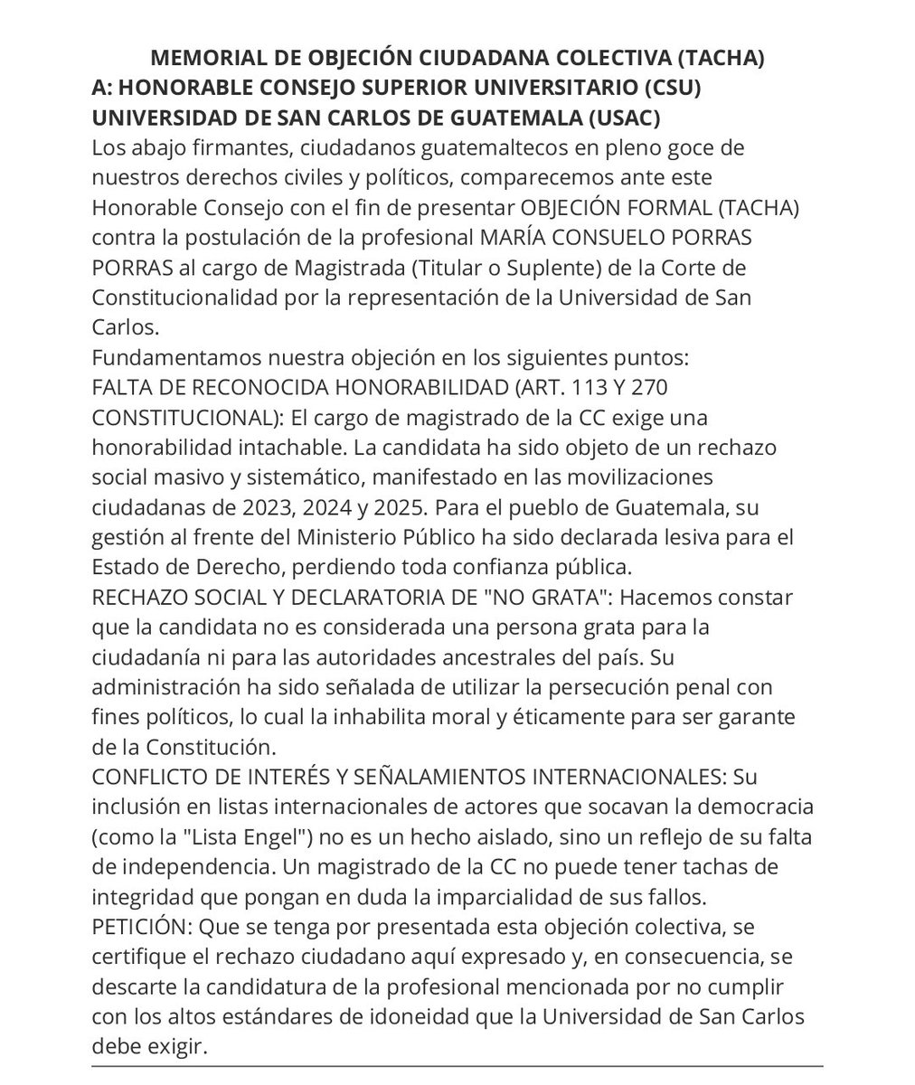 #RenovaciónCC
Maria Consuelo Porras, fiscal general de <a href="/MPguatemala/">MP de Guatemala</a>, sigue acumulando objeciones a su candidatura para llegar a la <a href="/CC_Guatemala/">CC Guatemala</a>. Pese a que el CSU - USAC ya dijo que no tiene regulación para los señalamientos, ingresó una objeción colectiva contra Consuelo Porras