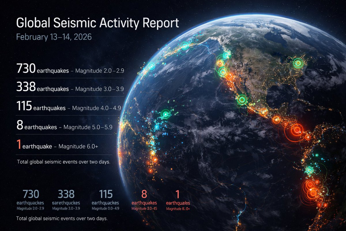 حصيلة الزلازل والهزات الأرضية والبحرية التي ضربت حول العالم يومي 13و14 فبراير 2026
730 هزة من الدرجة الثانية 
338 هزة من الدرجة الثالثة 
115 هزة من الدرجة الرابعة 
8 زلازل من الدرجة الخامسة 
زلزال واحد من الدرجة السادسة 
المجموع:1,183 هزة أرضية وبحرية 
(7,985)
#هزة_أرضية #الزلازل