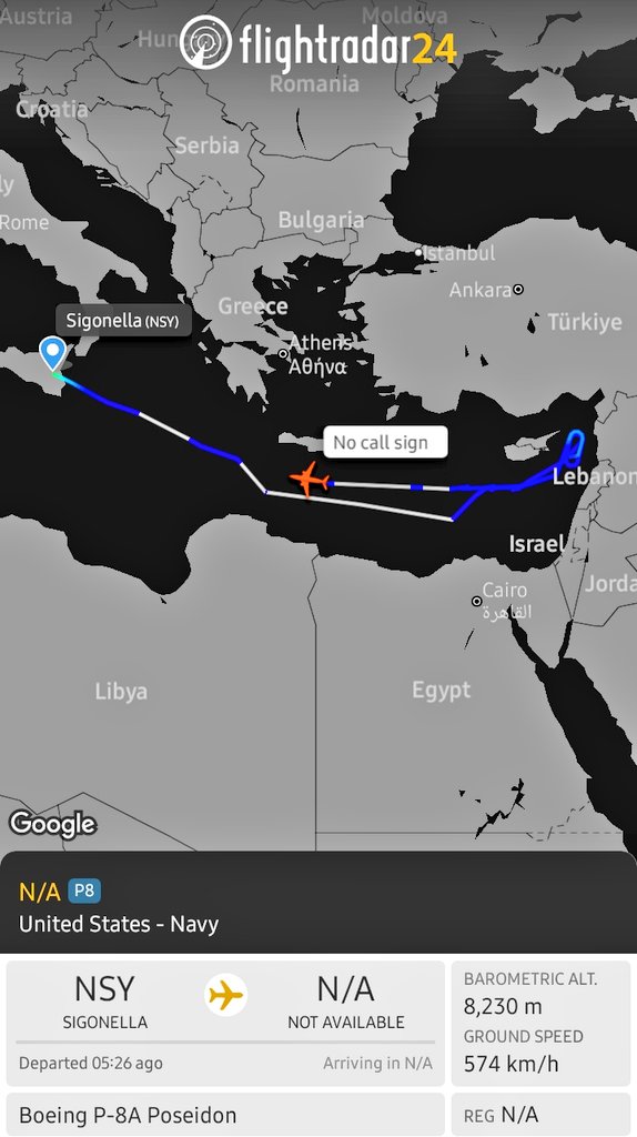 OSINT_MASR's tweet photo. 📞 N/A
✈️ P-8A poseidon 🛰
🏛 US Air Force 🇺🇸

📊 Within hours, the reconnaissance aircraft gathered 
information in a very close range to Lebanon 🇱🇧 and Syria 🇸🇾, which may indicate a possible military/intelligence operation🪖.

#flightradar24 #Observing #opensourceintelligence https://t.co/JYZ4wG9BRq