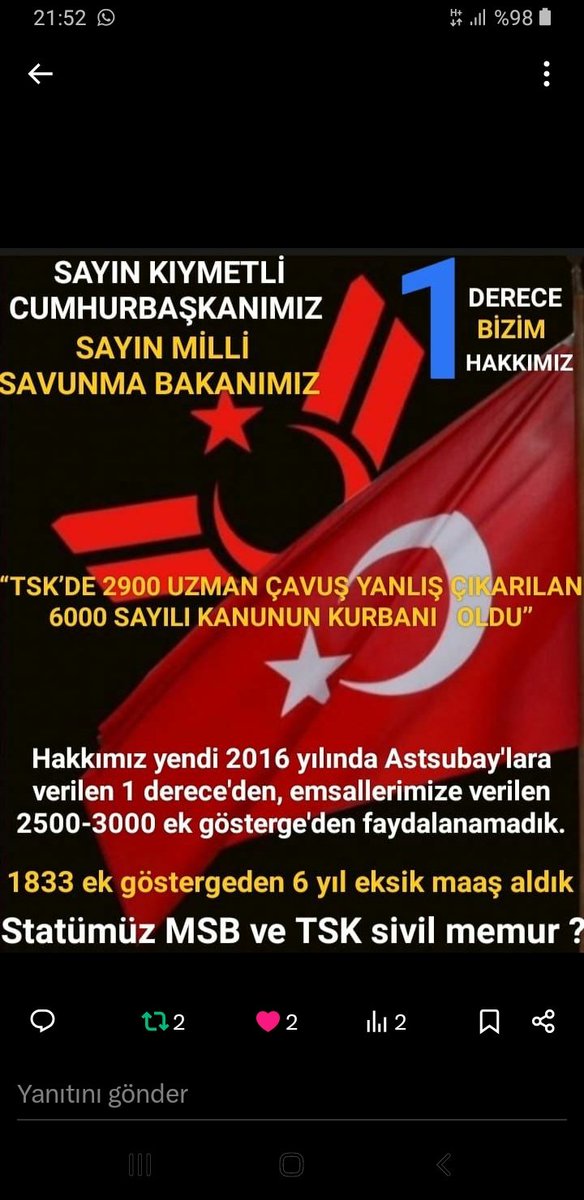 <a href="/TamerAc212211/">Tamer Aşcı</a> <a href="/ibrahim_0634/">İbrahim Akduman (1)</a> <a href="/slamGKSAL127401/">GÖKSAL</a> <a href="/Albayrak718007/">Albayrak</a> <a href="/akcaa158/">Ali -A-K-C-A-</a> <a href="/MuratNR3/">Murat ÖNÜR</a> <a href="/RTErdogan/">Recep Tayyip Erdoğan</a> <a href="/MHP_Bilgi/">MHP</a> <a href="/MhpTbmmGrubu/">MHP TBMM Grubu #MHP</a> <a href="/dbdevletbahceli/">Devlet Bahçeli</a> <a href="/yasaryldrmMHP/">Yaşar Yıldırım</a> <a href="/buyukataman/">İsmet Büyükataman</a> <a href="/erkanakcay45/">Erkan Akçay</a> <a href="/E_SemihYalcin/">E. Semih Yalçın</a> <a href="/sadirdurmaz/">Sadir Durmaz 🇹🇷</a> <a href="/UlviYonter/">Dr.İzzet Ulvi YÖNTER</a> <a href="/ismailozdemirrr/">İsmail ÖZDEMİR 🇹🇷</a> <a href="/muharremvarli01/">Muharrem VARLI</a> <a href="/AyseSibelErsoy/">Ayşe Sibel Ersoy🇹🇷</a> <a href="/MehmetTaytakMHP/">Mehmet Taytak</a> <a href="/MevltKarakaya25/">Mevlüt Karakaya</a> <a href="/TEMUD_2024/">Türkiye Emekli Uzman Erbaşlar Derneği (TEMUD)</a> <a href="/alitilkici38/">Ali Tilkici 🇹🇷</a> <a href="/01Akkayali/">ALİ AKSOY</a> <a href="/55erhanusta/">Dr. Erhan Usta</a> <a href="/ahmetyarici31/">Ahmet YARICI</a> <a href="/alimahir/">Ali Mahir Başarır</a> <a href="/av_gundogan/">Av. Ali Erdem GÜNDOĞAN</a> <a href="/bbpgenelmerkez/">BÜYÜK BİRLİK PARTİSİ</a> <a href="/burhanduran/">Burhanettin Duran</a> <a href="/cemacikgozz/">Cem Açıkgöz</a> <a href="/cemkucuk55/">Cem Küçük</a> <a href="/tcsavunma/">T.C. Millî Savunma Bakanlığı</a> <a href="/tcbestepe/">T.C. Cumhurbaşkanlığı</a> <a href="/TC_icisleri/">T.C. İçişleri Bakanlığı</a> <a href="/_cevdetyilmaz/">Cevdet Yılmaz</a> <a href="/TBMMGenelKurulu/">TBMM Genel Kurulu</a> <a href="/Akparti/">AK Parti</a> <a href="/nacibostanci/">M. Naci Bostancı</a> <a href="/akbasogluemin/">Av. M.Emin AKBAŞOĞLU 🇹🇷</a> <a href="/AliYerlikaya/">Ali Yerlikaya</a> <a href="/mustafaelitas/">Mustafa Elitaş</a> <a href="/memetsimsek/">Mehmet Simsek</a> 2016 yılında 6656 sayılı kanunla lise dengi okul mezunu astsubaylara 3600 EK gösterge verebilmek için 1'derece iyileştirmesi yapıldı
Üzerine 2022 yılında 1 kademe verdiniz
45 yaş nedeniyle hak kayıpları yaşatarak zorla emekli edilen #UzmanÇavuş'lara #BirDerece'yi çokmu  gördünüz?
