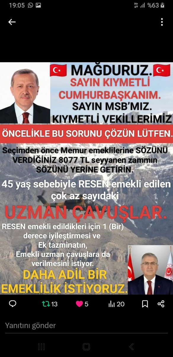 <a href="/TamerAc212211/">Tamer Aşcı</a> <a href="/ibrahim_0634/">İbrahim Akduman (1)</a> <a href="/slamGKSAL127401/">GÖKSAL</a> <a href="/Albayrak718007/">Albayrak</a> <a href="/akcaa158/">Ali -A-K-C-A-</a> <a href="/MuratNR3/">Murat ÖNÜR</a> <a href="/RTErdogan/">Recep Tayyip Erdoğan</a> <a href="/MHP_Bilgi/">MHP</a> <a href="/MhpTbmmGrubu/">MHP TBMM Grubu #MHP</a> <a href="/dbdevletbahceli/">Devlet Bahçeli</a> <a href="/yasaryldrmMHP/">Yaşar Yıldırım</a> <a href="/buyukataman/">İsmet Büyükataman</a> <a href="/erkanakcay45/">Erkan Akçay</a> <a href="/E_SemihYalcin/">E. Semih Yalçın</a> <a href="/sadirdurmaz/">Sadir Durmaz 🇹🇷</a> <a href="/UlviYonter/">Dr.İzzet Ulvi YÖNTER</a> <a href="/ismailozdemirrr/">İsmail ÖZDEMİR 🇹🇷</a> <a href="/muharremvarli01/">Muharrem VARLI</a> <a href="/AyseSibelErsoy/">Ayşe Sibel Ersoy🇹🇷</a> <a href="/MehmetTaytakMHP/">Mehmet Taytak</a> <a href="/MevltKarakaya25/">Mevlüt Karakaya</a> <a href="/TEMUD_2024/">Türkiye Emekli Uzman Erbaşlar Derneği (TEMUD)</a> <a href="/alitilkici38/">Ali Tilkici 🇹🇷</a> <a href="/01Akkayali/">ALİ AKSOY</a> <a href="/55erhanusta/">Dr. Erhan Usta</a> <a href="/ahmetyarici31/">Ahmet YARICI</a> <a href="/alimahir/">Ali Mahir Başarır</a> <a href="/av_gundogan/">Av. Ali Erdem GÜNDOĞAN</a> <a href="/bbpgenelmerkez/">BÜYÜK BİRLİK PARTİSİ</a> <a href="/burhanduran/">Burhanettin Duran</a> <a href="/cemacikgozz/">Cem Açıkgöz</a> <a href="/cemkucuk55/">Cem Küçük</a> <a href="/tcsavunma/">T.C. Millî Savunma Bakanlığı</a> <a href="/tcbestepe/">T.C. Cumhurbaşkanlığı</a> <a href="/TC_icisleri/">T.C. İçişleri Bakanlığı</a> <a href="/_cevdetyilmaz/">Cevdet Yılmaz</a> <a href="/TBMMGenelKurulu/">TBMM Genel Kurulu</a> <a href="/Akparti/">AK Parti</a> <a href="/nacibostanci/">M. Naci Bostancı</a> <a href="/akbasogluemin/">Av. M.Emin AKBAŞOĞLU 🇹🇷</a> <a href="/AliYerlikaya/">Ali Yerlikaya</a> <a href="/mustafaelitas/">Mustafa Elitaş</a> <a href="/memetsimsek/">Mehmet Simsek</a> 2016 yılında 6656 sayılı kanunla lise dengi okul mezunu astsubaylara 3600 EK gösterge verebilmek için 1'derece iyileştirmesi yapıldı
Üzerine 2022 yılında 1 kademe verdiniz
45 yaş nedeniyle hak kayıpları yaşatarak zorla emekli edilen #UzmanÇavuş'lara #BirDerece'yi çokmu  gördünüz?