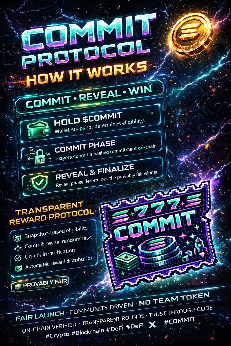 Most tokens promise utility. We built execution. 🚀
COMMIT PROTOCOL is a provably fair, on-chain reward system designed for real transparency — not empty hype. 🔥
Here’s how it works:
📸 Snapshot of eligible holders
 🔐 Commit phase locks in participation
 🎲 Verifiable on-chain